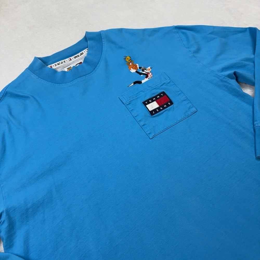 Tommy Jeans Shirt Mens L Blue Long Sleeve Pocket Graphic Space Jam Looney Tunes